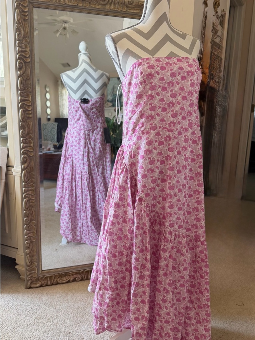 Strapless Pink Floral Maxi Dress - Women